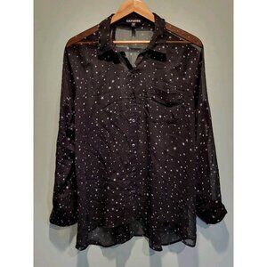 Express Black Star Sheer Long Roll Tab Sleeve Button Up Shirt Sz L Fairygrunge
